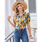 Women Button Down Shirts Puff Short Sleeve Blouses Chiffon Tops Business Casual Outfits Summer Clothes