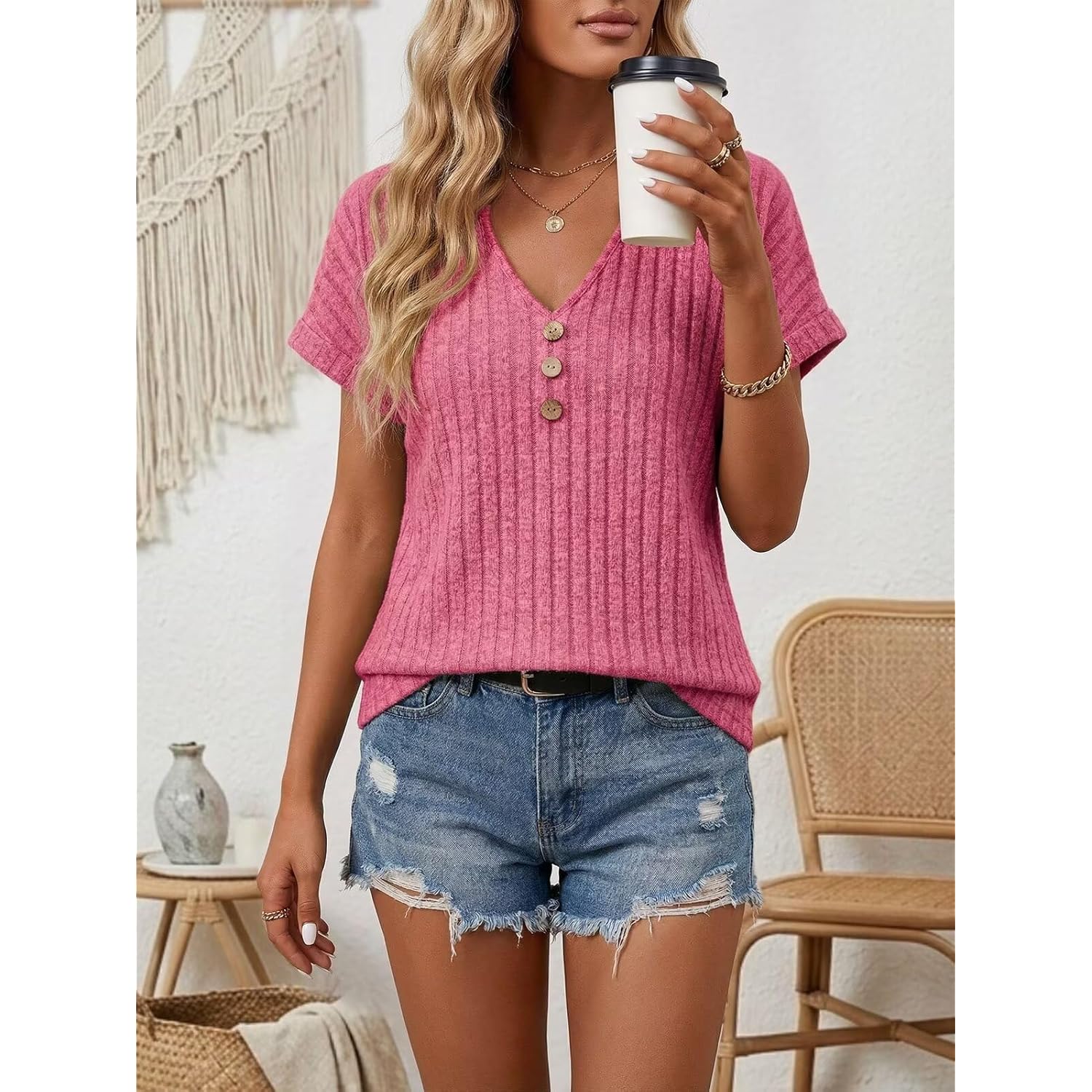 Womens Relaxed Fit Tunic Tops,Short Sleeve V Neck Ribbed Knit Shirts,Flowy Summer Blouse for Leggings
