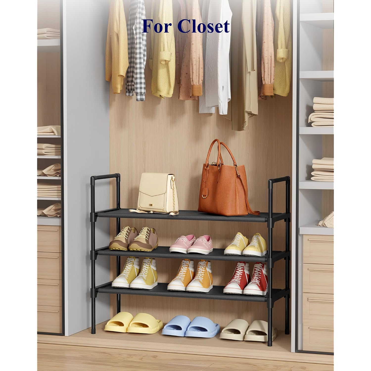 Kitsure Shoe Rack - 3-Tier Shoe Organizer, Shoe Rack For Closet, Entryway, Bedroom, Easy- Assembly Storage Shelf With Side Handles, 27.6" Wide - 3 Tiers, Black