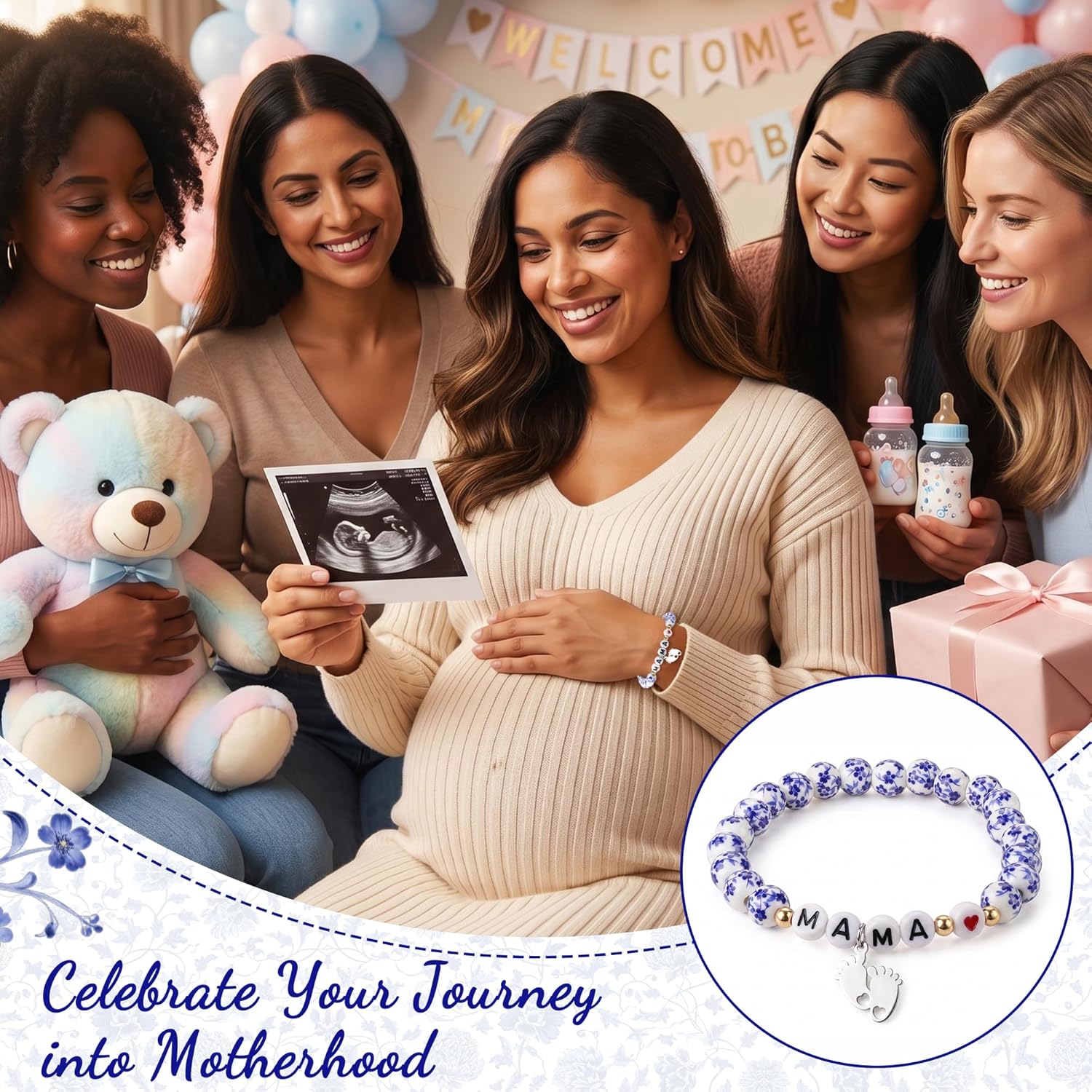 Sereney Mothers Day Gifts for Grandma/New Mom, Nana/New Mama/Mimi/Gigi Bracelets for Women as First Mothers Day Gifts for Mama Grandmother, Bule and White Porcelain Stretch Bead Bracelet for Nana Gigi Mimi