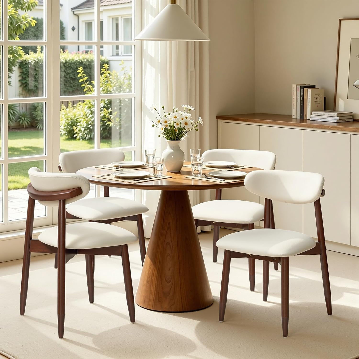 Chun Yi Dining Chairs Set Of 4, Upholstered Wooden Dining Room Chairs, Mid Century Modern Fabric Kitchen Chair With Ergonomic Curved Backrest, Beige (Only Chairs)