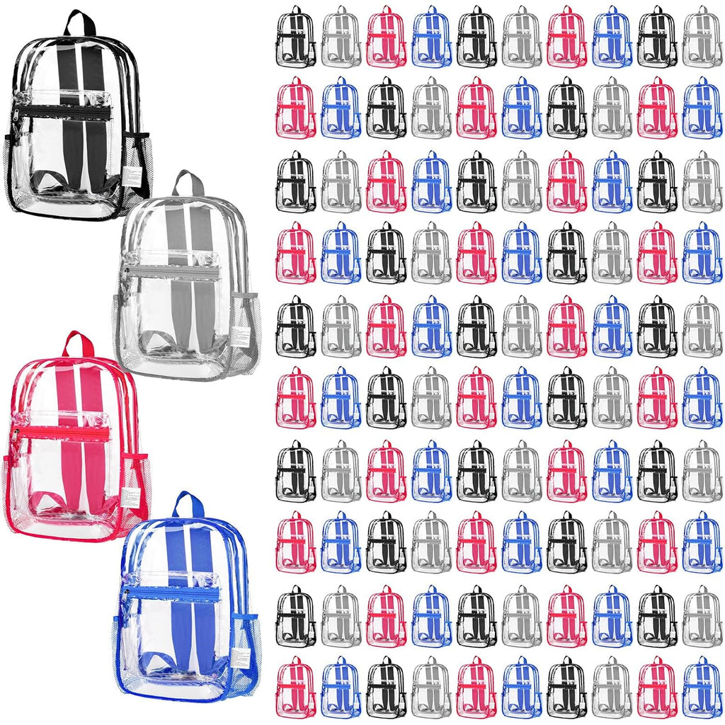 Silkfly 100 Pack Clear Backpacks Bulk Pvc Transparent Bookbags Heavy Duty See Through Bags With Pockets For Stadium Work Travel (15 X 11 X 5.2 Inches,Black,Gray,Blue,Pink)