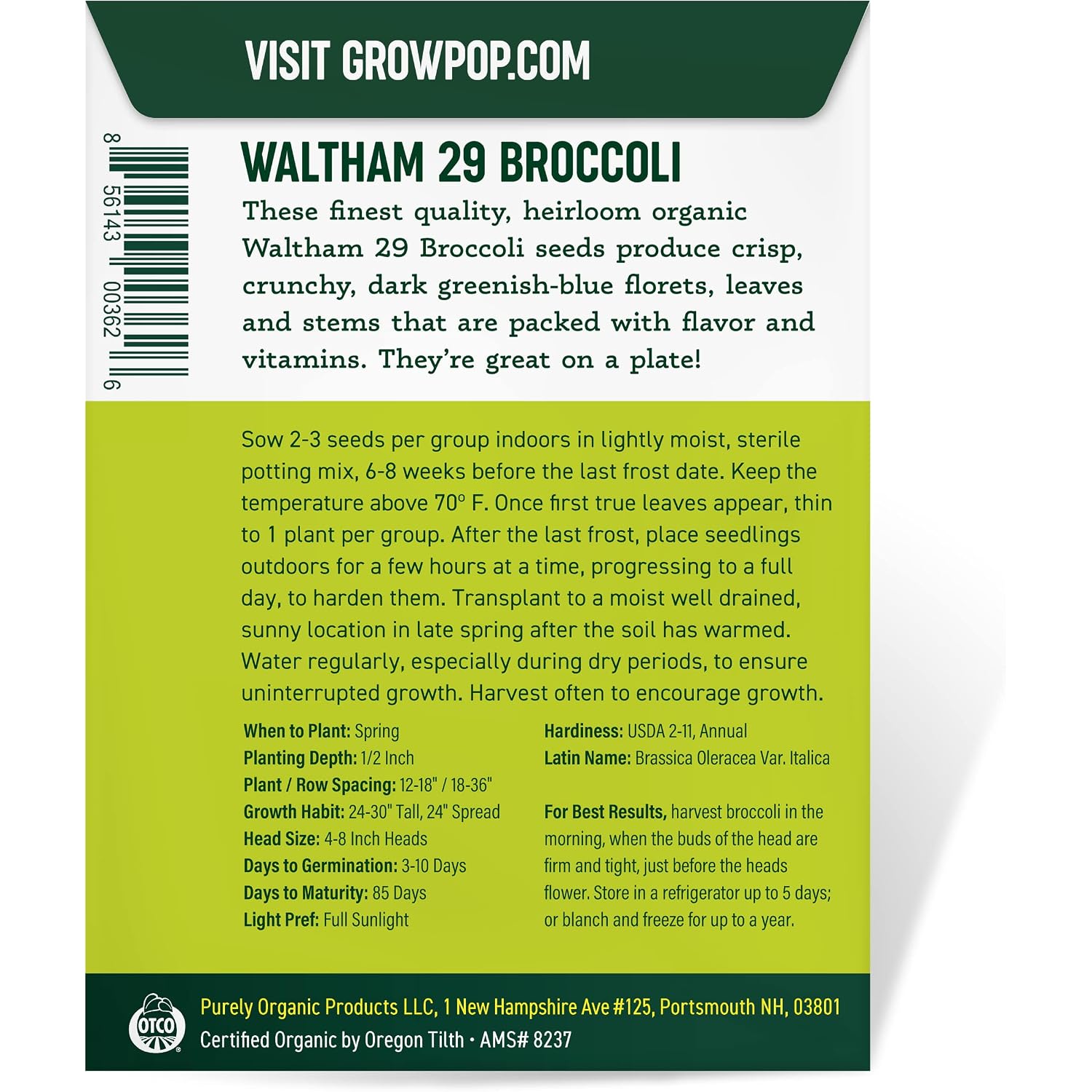 Purely Organic Broccoli Seeds (Waltham 29) - Approx 750 Seeds - Usda Organic, Non-Gmo, Open Pollinated, Heirloom, Usa Origin