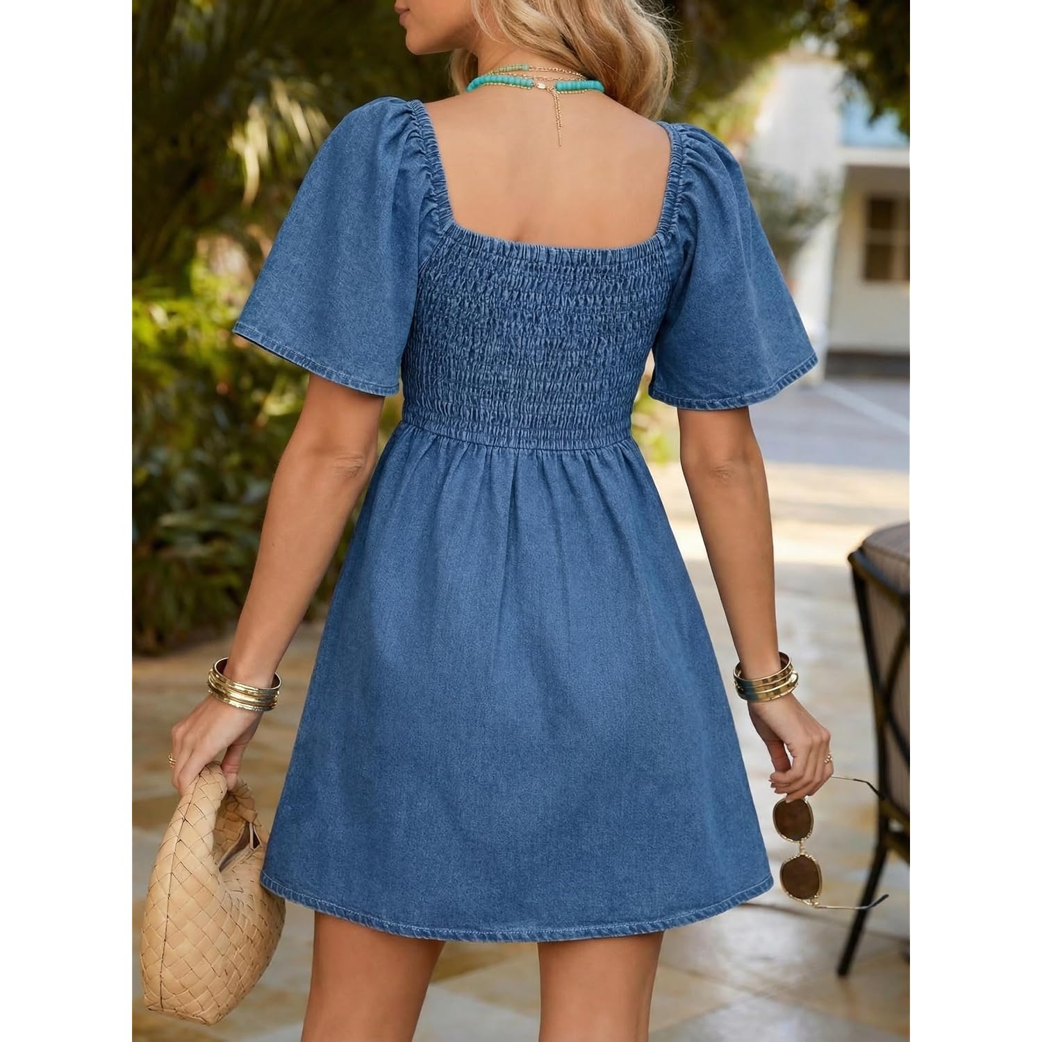 Bisual Womens Denim Dress Bow Tie V Neck Flutter Sleeve Summer Casual Jean Dresses 2026 Western Outfits