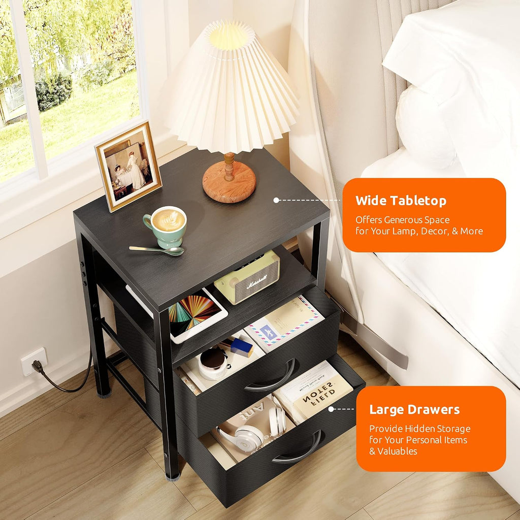 Night Stand With Charger Station For Bedroom, Black Nightstand | Bedside Table, Open Shelf, 2 Fabric Drawers, Built In Usb-A, Usb-C Port & Ac Outlets, For Dorm, Living Room, Bedroom