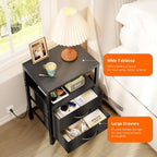 Night Stand With Charger Station For Bedroom, Black Nightstand | Bedside Table, Open Shelf, 2 Fabric Drawers, Built In Usb-A, Usb-C Port & Ac Outlets, For Dorm, Living Room, Bedroom