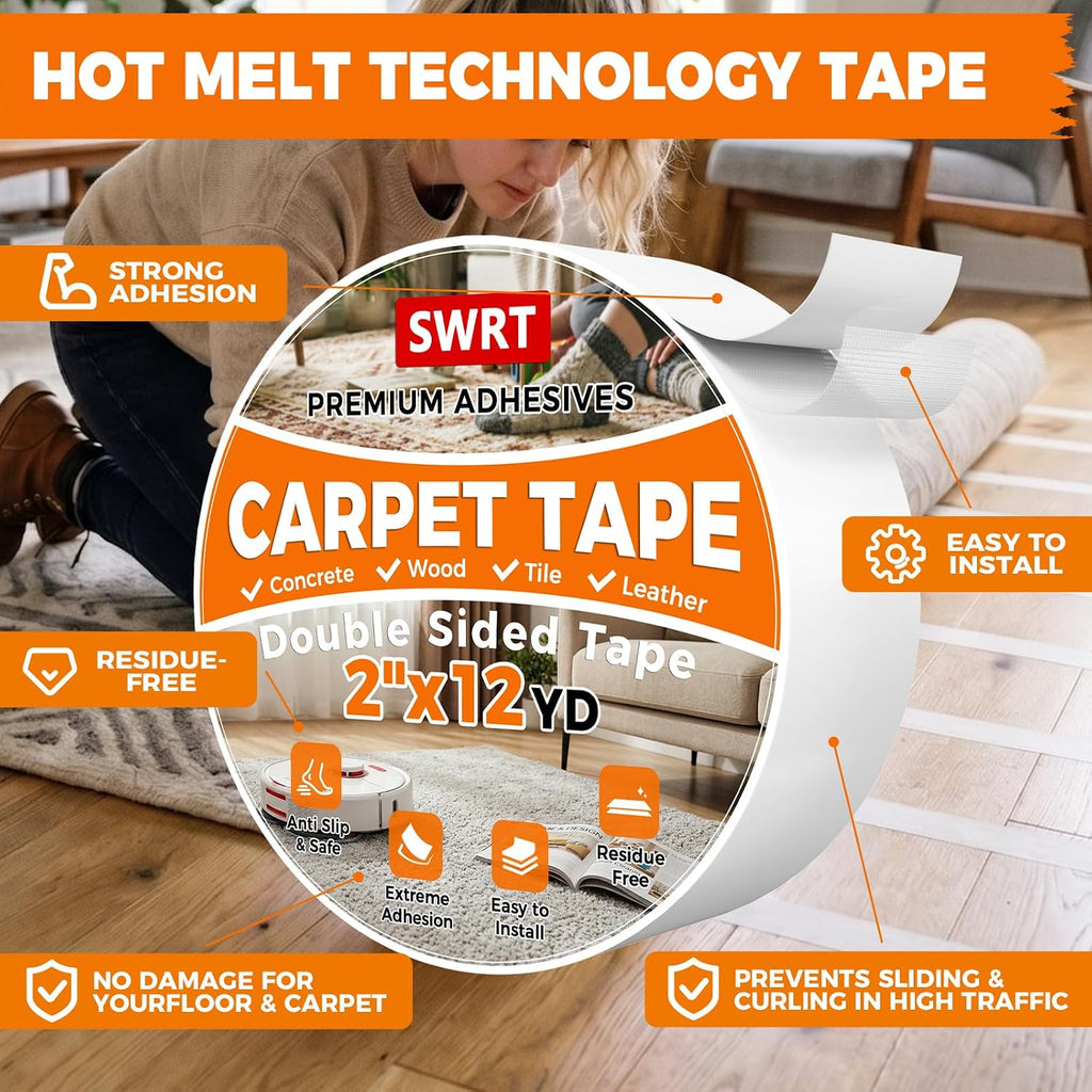 Double Sided Carpet Tape, 2 Inch X 12 Yards Rug Tape For Hardwood Floors, Heavy Duty Anti Slip Grip For Area Rugs, Residue Free, Wood Safe, Easy Removal For Tile And Laminate