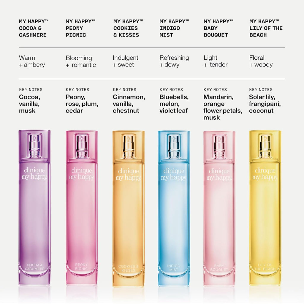Clinique My Happy Fragrance Spray | Cocoa & Cashmere, Baby Bouquet, Cookies & Kisses, Indigo Mist, Lily of the Beach, Peony Picnic | Perfumes for Women
