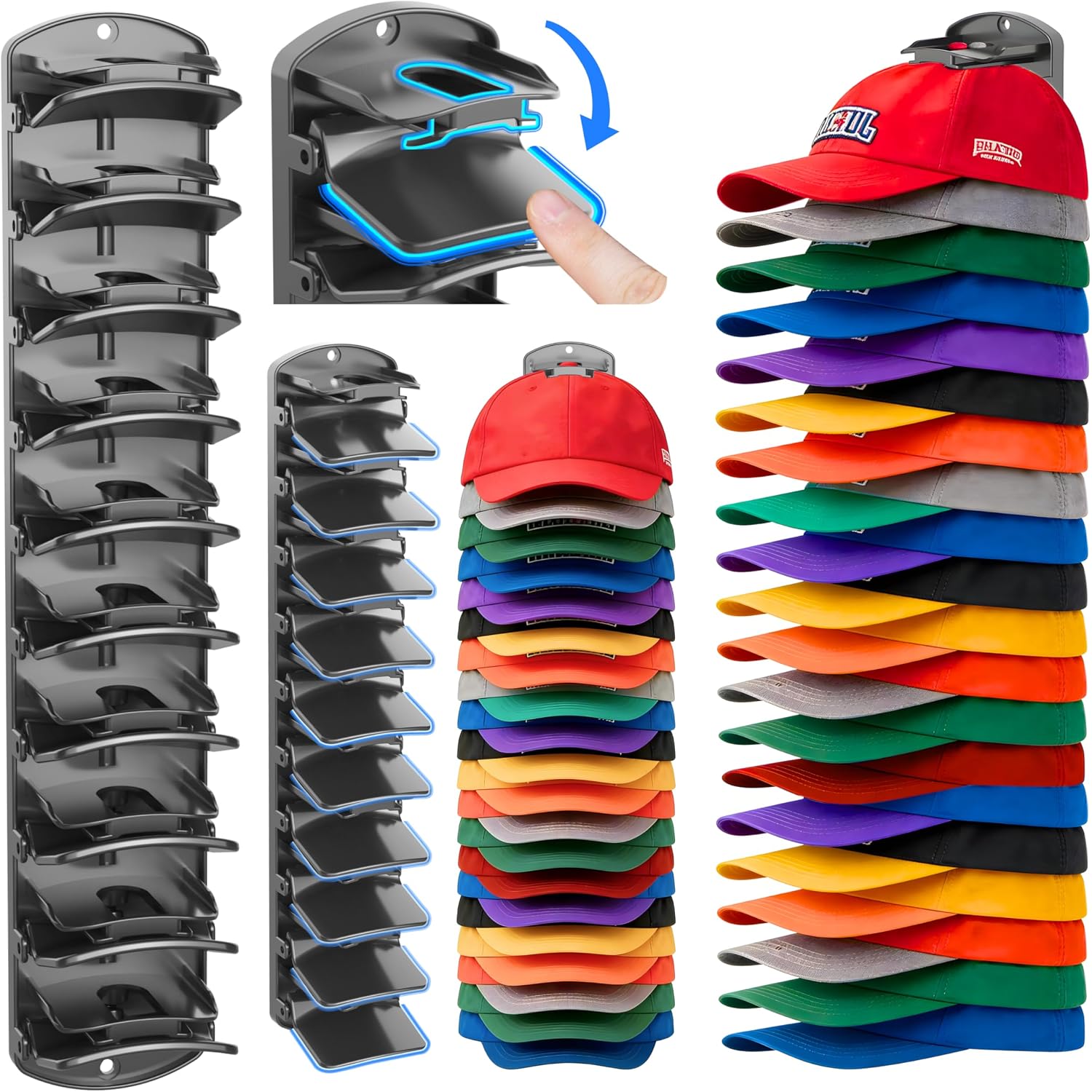 Double Capacity Hat Organizer For Baseball Caps 2 Packs - 40 Cap Storage With Spring Clips, Wall Mount Closet & Door Hat Rack Holder Hanging(Strong Adhesive & Screws) Matte Black