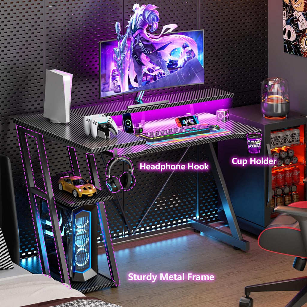 Korfile 40 Inch Gaming Desk With Power Outlet & Led Lights, L Shaped Computer Gaming Table With 3 Tiers Storage Shelves, Corner Gamer Desk With Monitor Stand For Small Space, Carbon Fiber Black