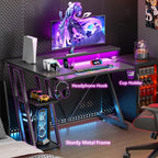 Korfile 40 Inch Gaming Desk With Power Outlet & Led Lights, L Shaped Computer Gaming Table With 3 Tiers Storage Shelves, Corner Gamer Desk With Monitor Stand For Small Space, Carbon Fiber Black