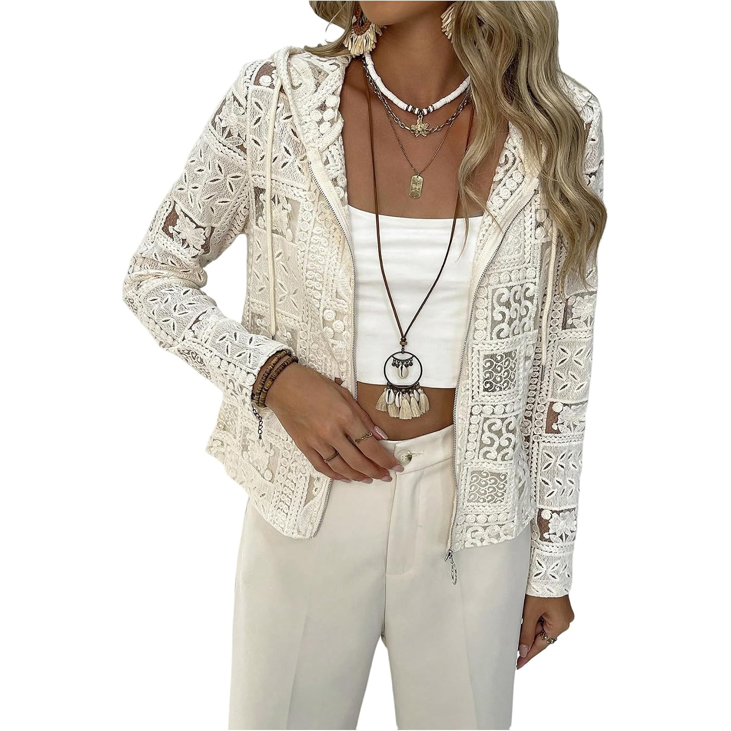 Gorglitter Women'S Lace Cardigan Jacket Zip Up Crochet Sheer Vacation Cruise Going Out Long Sleeve Hooded Tops