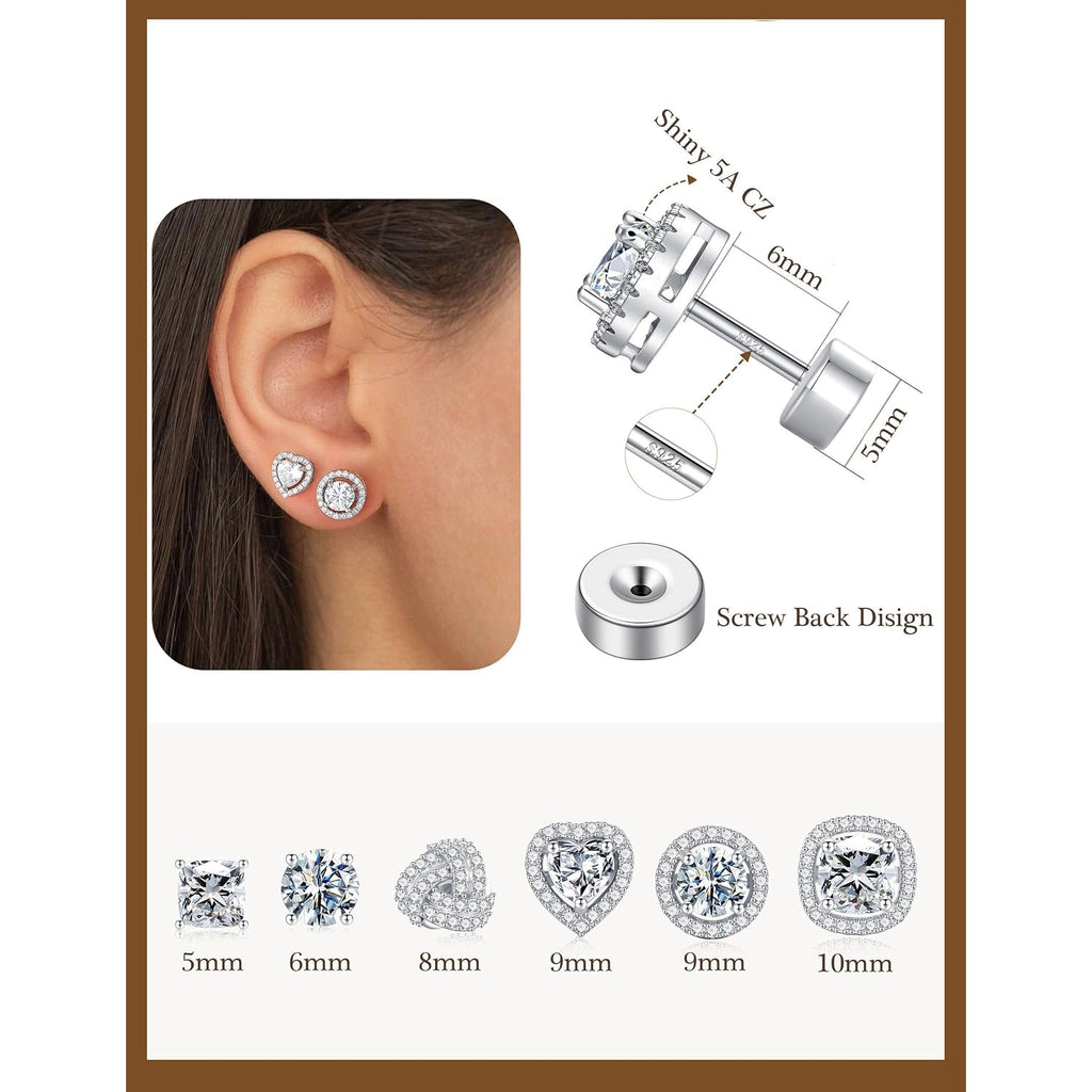 M MOOHAM 6 Pairs Hypoallergenic Flat Back Stud Earrings Set for Women - 14k Gold Plated Silver Studs CZ Earrings for Women Men Trendy Non Tarnish Earring Stack for Sensitive Ears Jewelry Gifts