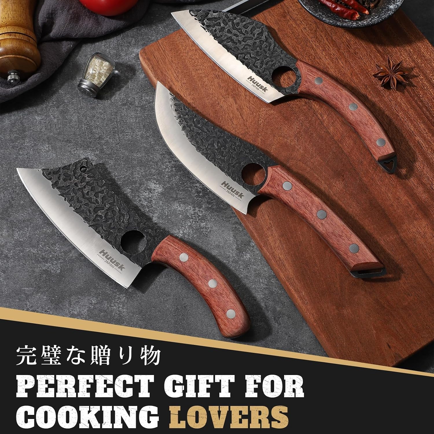 Huusk Butcher Knife Set Of 3- Japanese Knife Set For Meat Cutting, Hand Forged Viking Knives Sets With Meat Cleaver, Heavy-Duty Kitchen Knives Sets For Bone Bbq Vegetable, Fathers' Day Gift For Dad