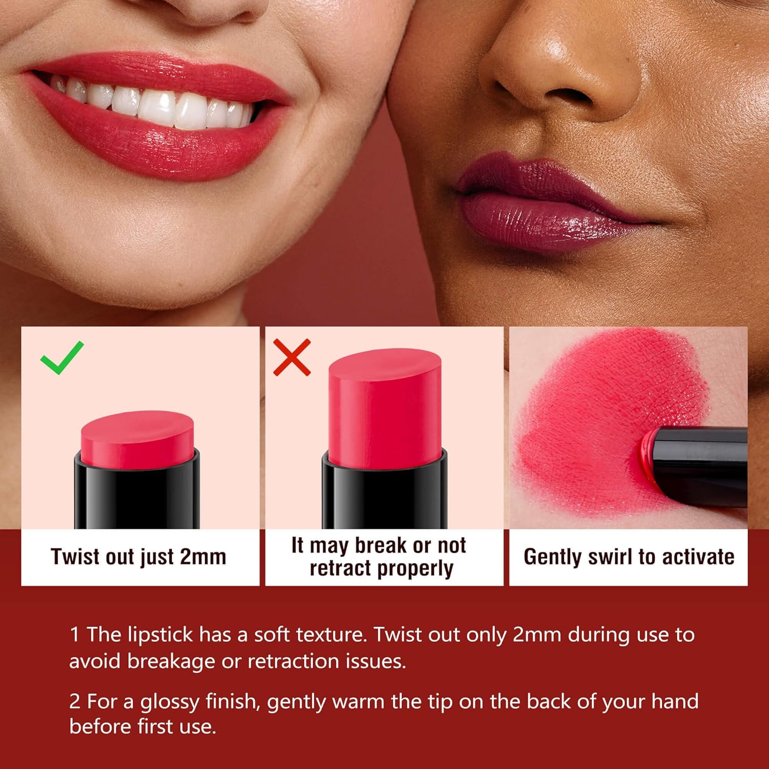 Deep Red Hydrating Lipstick – Moisturizing Cream Lip Balm for Dry Lips, Bold Glossy Finish, Lightweight Vegan Lip Color with Comfortable Smooth Wear (Cinnamon Rose)