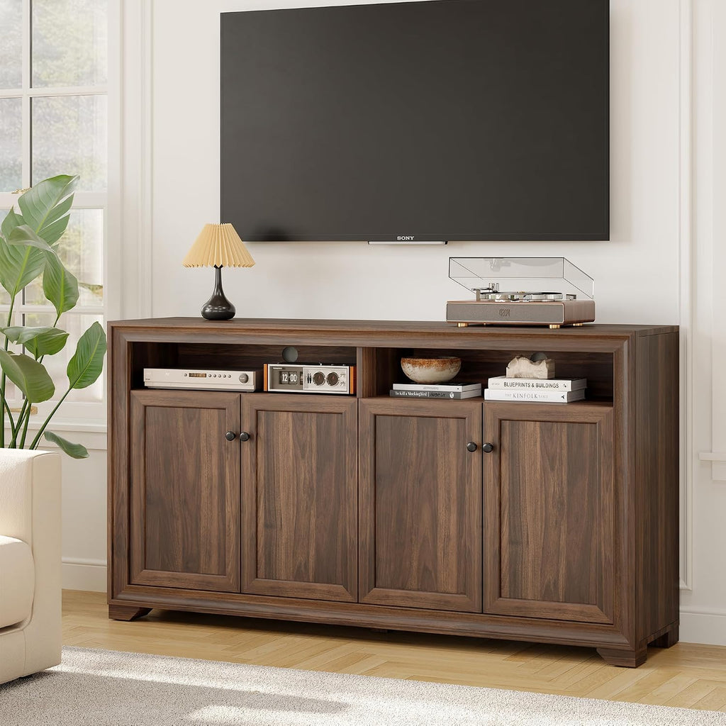 60 Inches Sideboard Buffet Cabinet With Storage, 4 Doors Large Sideboard, Kitchen Cabinet With Open Shelf & Adjustable Shelf, Kitchen Coffee Bar Console Table For Living Room, Hallway, Brown