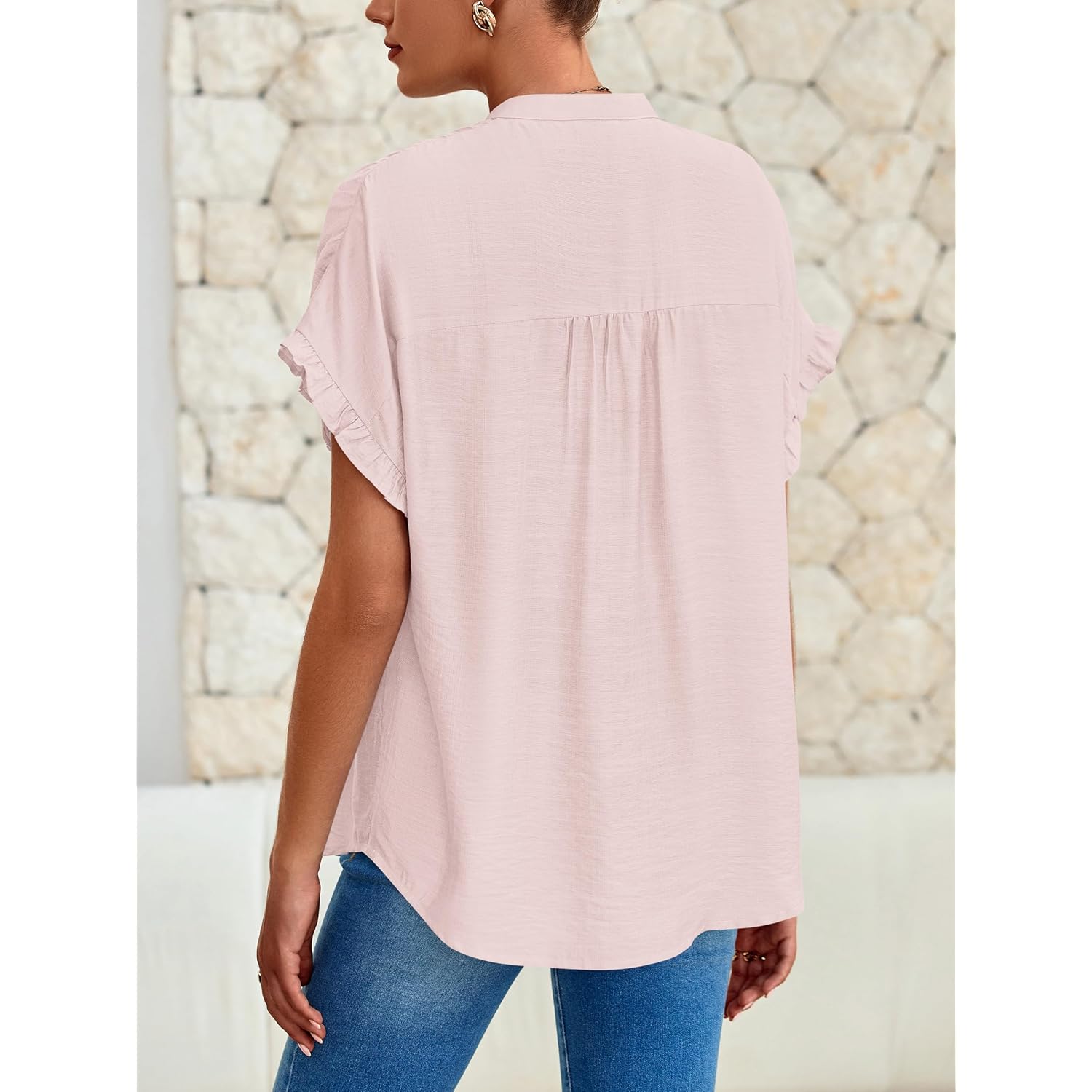 Mascomoda Womens 2026 Button Down Shirts Ruffle Short Sleeve Loose Summer Tops Dressy Casual V Neck Business Work Blouses