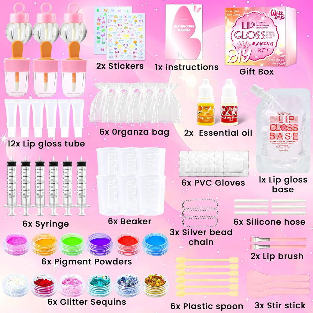WhizToys 74PCS DIY Lip Gloss Making Kit，Make Your Own Lip Glosses Moisturizing DIY Lip Glaze Handmade Glittery Set for Teens Girls Women Makeup Lover Beginner Birthday Gift