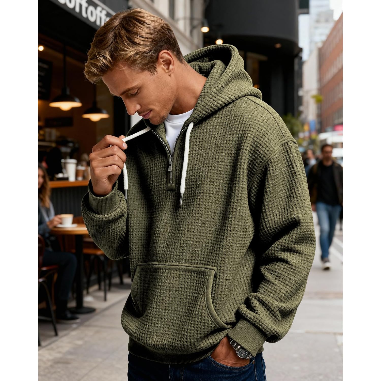 Pidogym Men'S Quarter Zip Hoodie Waffle Knit Pullover Long Sleeve Casual Loose Fit Sweatshirt Hooded Tops With Pockets