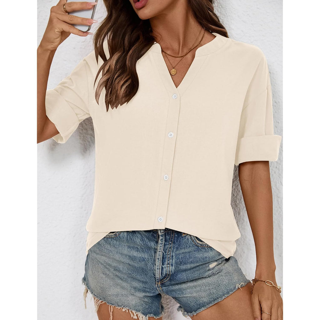 LOMON Womens 3/4 Sleeve Button Down Shirts Cotton Linen Roll Up Short Sleeve Tops V Neck Casual Loose Fit Blouses