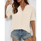 LOMON Womens 3/4 Sleeve Button Down Shirts Cotton Linen Roll Up Short Sleeve Tops V Neck Casual Loose Fit Blouses