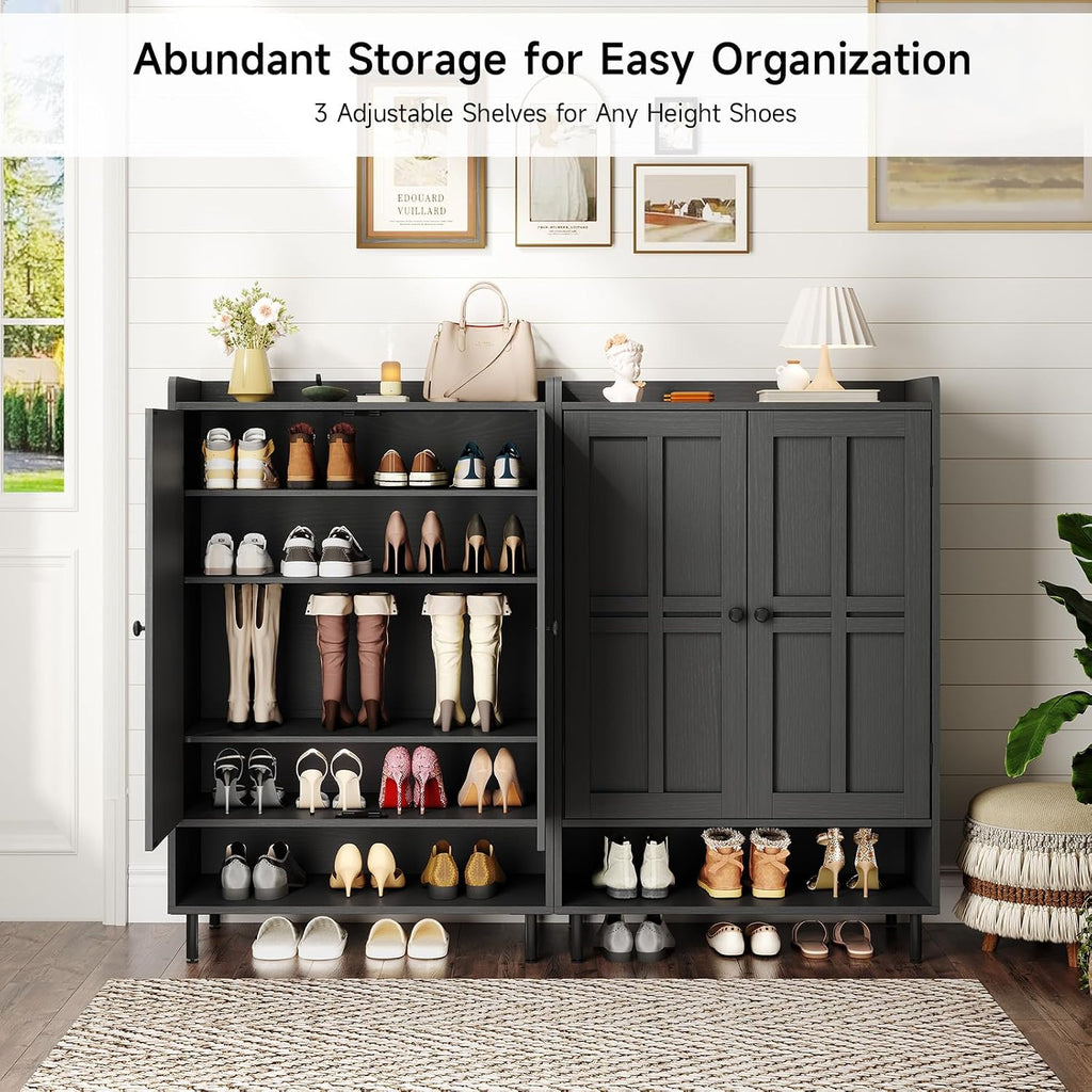 Shoe Cabinet With Cross Molding Doors, 6-Tier Shoe Storage Cabinet With 3 Adjustable Shelves And Metal Legs, 45'' Tall Shoes Rack Organizer Cabinet For Entryway, Front Door, Black