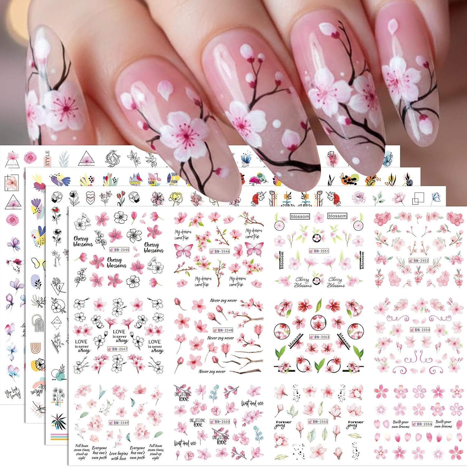 Flower Water Decals for Nails Stickers 48 Designs Colorful Water Transfer Nail Decals Spring Flower Leaf Cherry Blossoms Rose Pattern DIY Manicure Decoration Nail Supplies for Women 4 Sheets