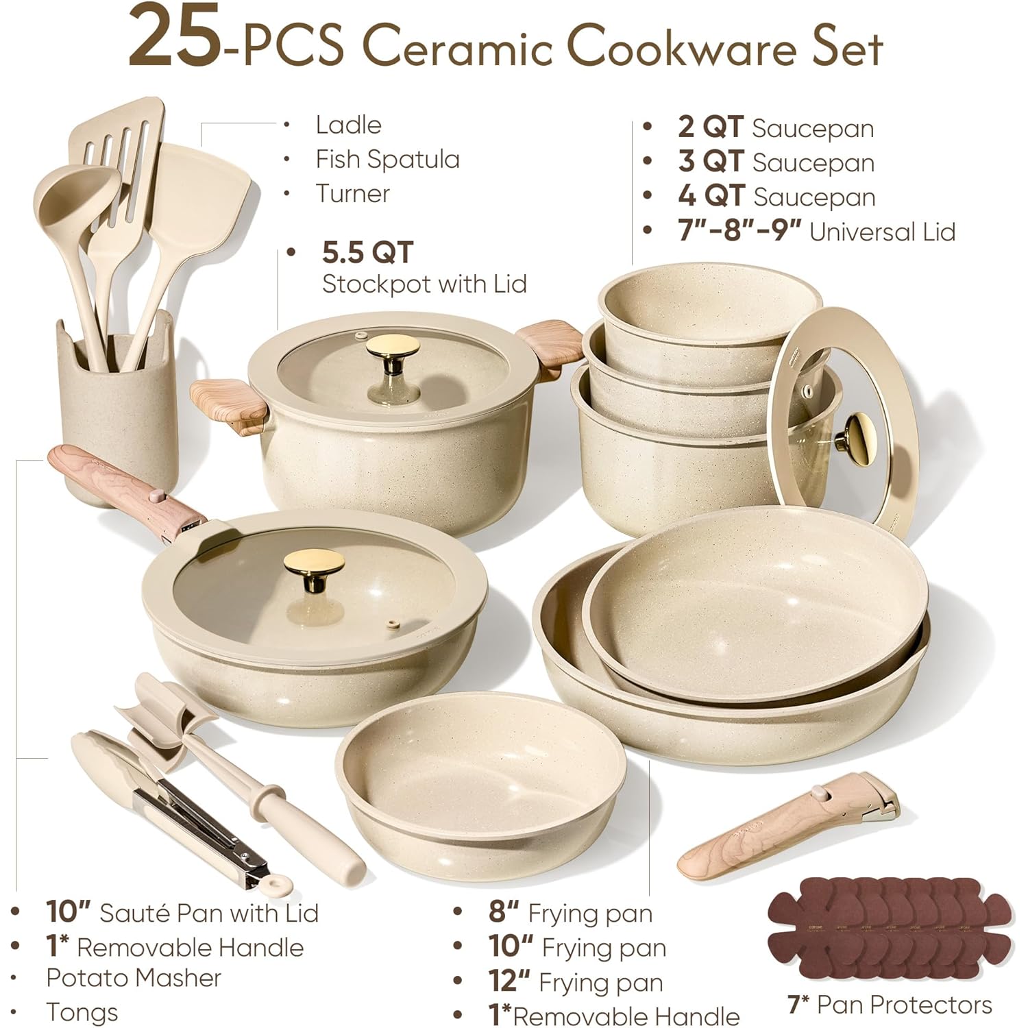 CAROTE 25PCS Ceramic Cookware Set, Pots and Pans set Non Stick, RV Kitchen Cooking Set Removable Handles, Oven Safe, Induction Cookware, Non-toxic Kitchen Cooking Set, PFAS and PFOA Free