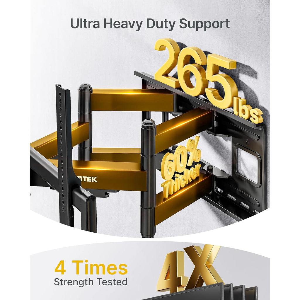 Montek Heavy Duty Xxl Full Motion Tv Wall Mount For 60-120 Inch Extra Large Tvs, Holds 265 Lbs, Max Vesa 900X600, 27.7" Extension, Swivel & Tilt, Preassembled, Fits 12–24" Studs, Led/Lcd/Oled 4K/8K