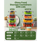 40 Pcs Glass Food Storage Containers With Lids(20 Container & 20 Lid), Borosilicate Glass Meal Prep Containers For Kitchen Storage And Organization, Bpa-Free, Leak Proof, Reusable