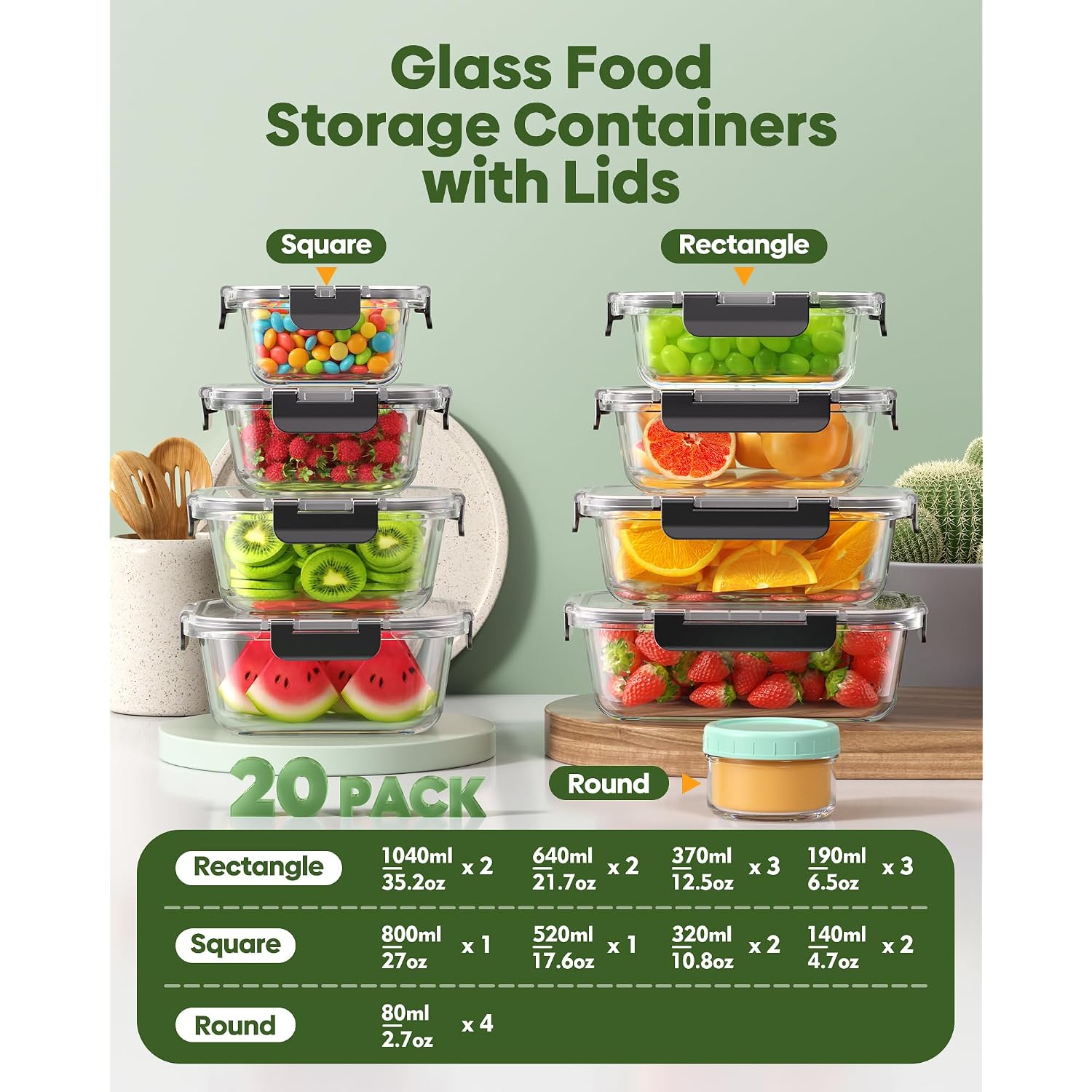 40 Pcs Glass Food Storage Containers With Lids(20 Container & 20 Lid), Borosilicate Glass Meal Prep Containers For Kitchen Storage And Organization, Bpa-Free, Leak Proof, Reusable