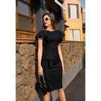 Memoriesea Women'S Vintage Church Ruffle Sleeve Ruched Bodycon Work Midi Pencil Dress