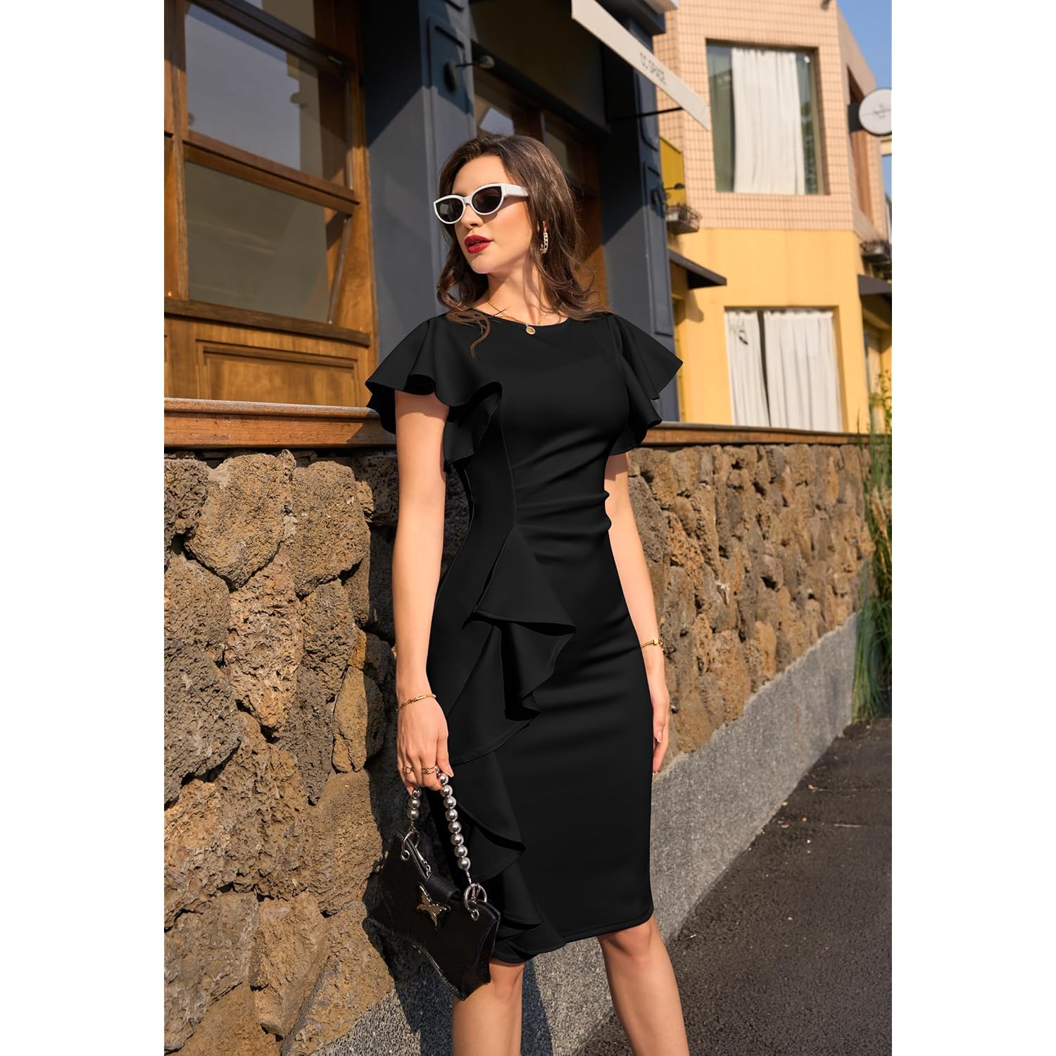 Women's Vintage Church Ruffle Sleeve Ruched Bodycon Work Midi Pencil Dress