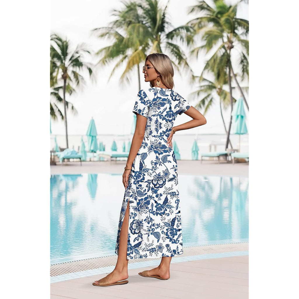 Ofeefan Summer Dresses For Women 2026 Maxi Dress Short Sleeve Sundresses With Pockets Beach Vacation Spring Outfits