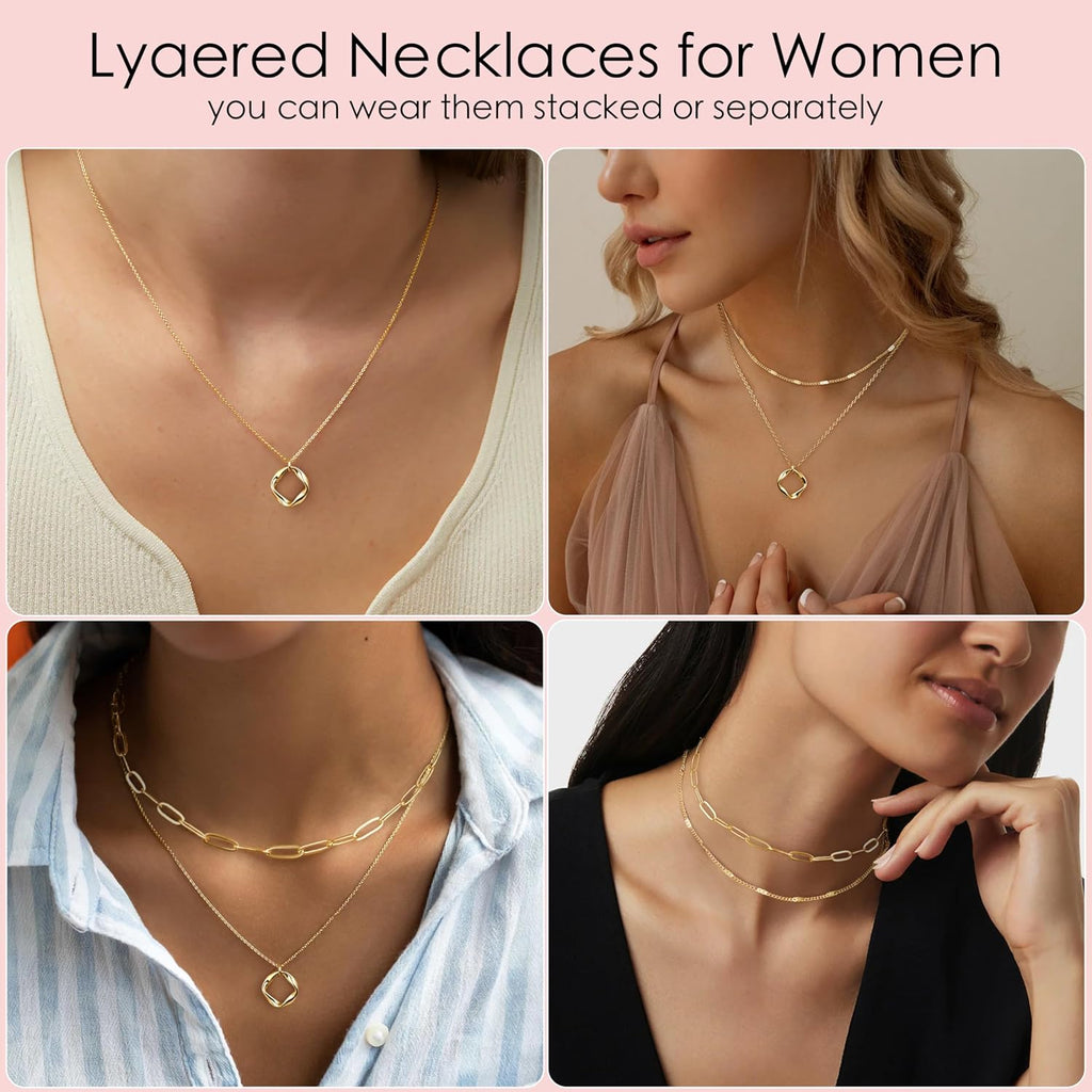 Poxtex Layered Gold Necklaces for Women, Stackable Dainty 14K Gold Silver Plated Trendy Simple Heart Diamond Cross Bow Circle Pendant Paperclip Choker Dot Chain Necklace,Jewelry Set Gifts for Women