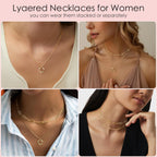 Poxtex Layered Gold Necklaces for Women, Stackable Dainty 14K Gold Silver Plated Trendy Simple Heart Diamond Cross Bow Circle Pendant Paperclip Choker Dot Chain Necklace,Jewelry Set Gifts for Women