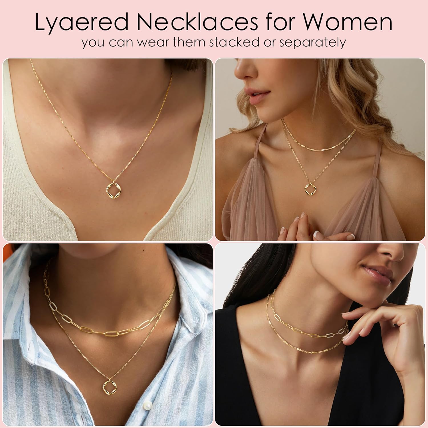 Poxtex Layered Gold Necklaces for Women, Stackable Dainty 14K Gold Silver Plated Trendy Simple Heart Diamond Cross Bow Circle Pendant Paperclip Choker Dot Chain Necklace,Jewelry Set Gifts for Women