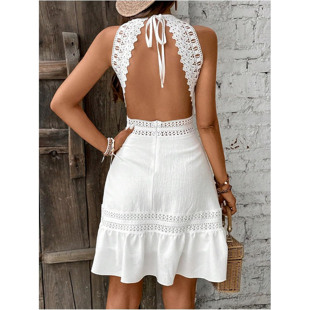 Floerns Women'S Contrast Lace Sleeveless Halter Dress Backless Vacation A Line Dress
