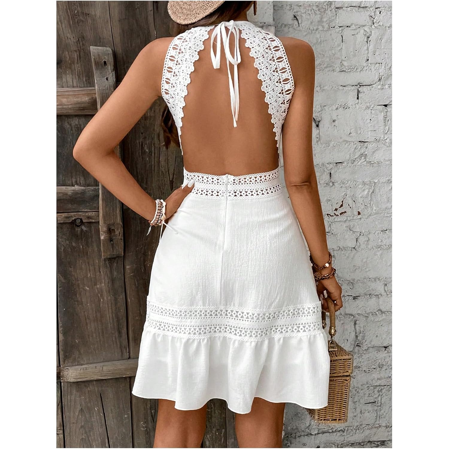Floerns Women'S Contrast Lace Sleeveless Halter Dress Backless Vacation A Line Dress