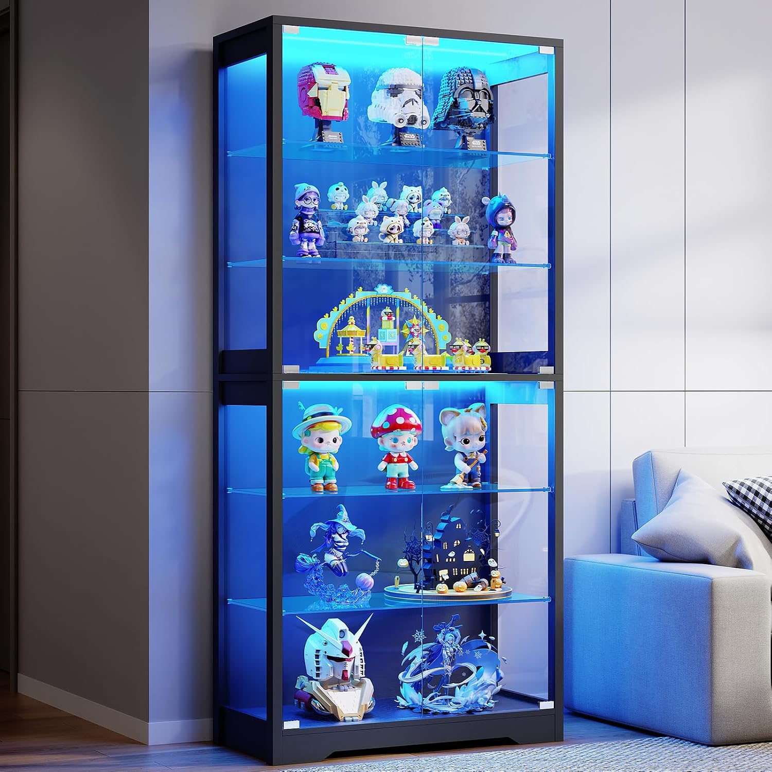 Brottar 71" Tall Display Cabinet With Glass Door And 3-Color Lights | 6-Tier Curio Cabinet For Collectibles, Display Case With Adjustable Glass Shelves, Human Body Sensor, Storage Cabinets, Black