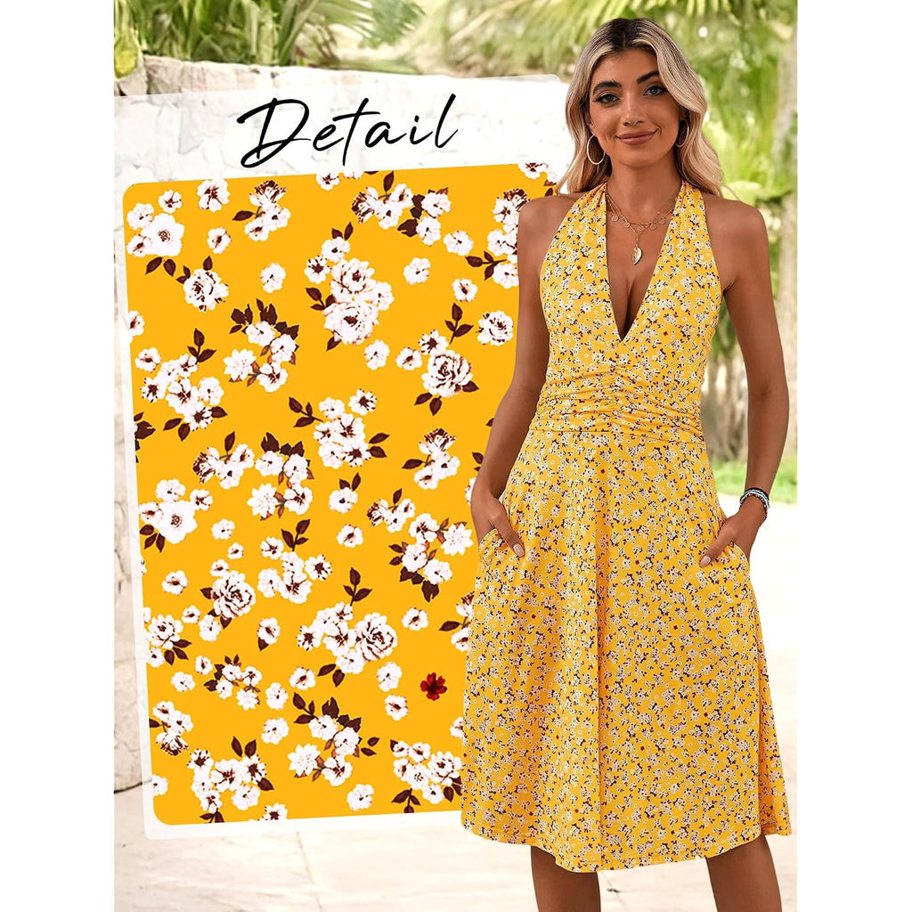 Huhot Women'S Summer Sundress Sleeveless Halter Neck Spring 2026 Floral With Pocket Elastic Waist Ruffle Mini Dresses