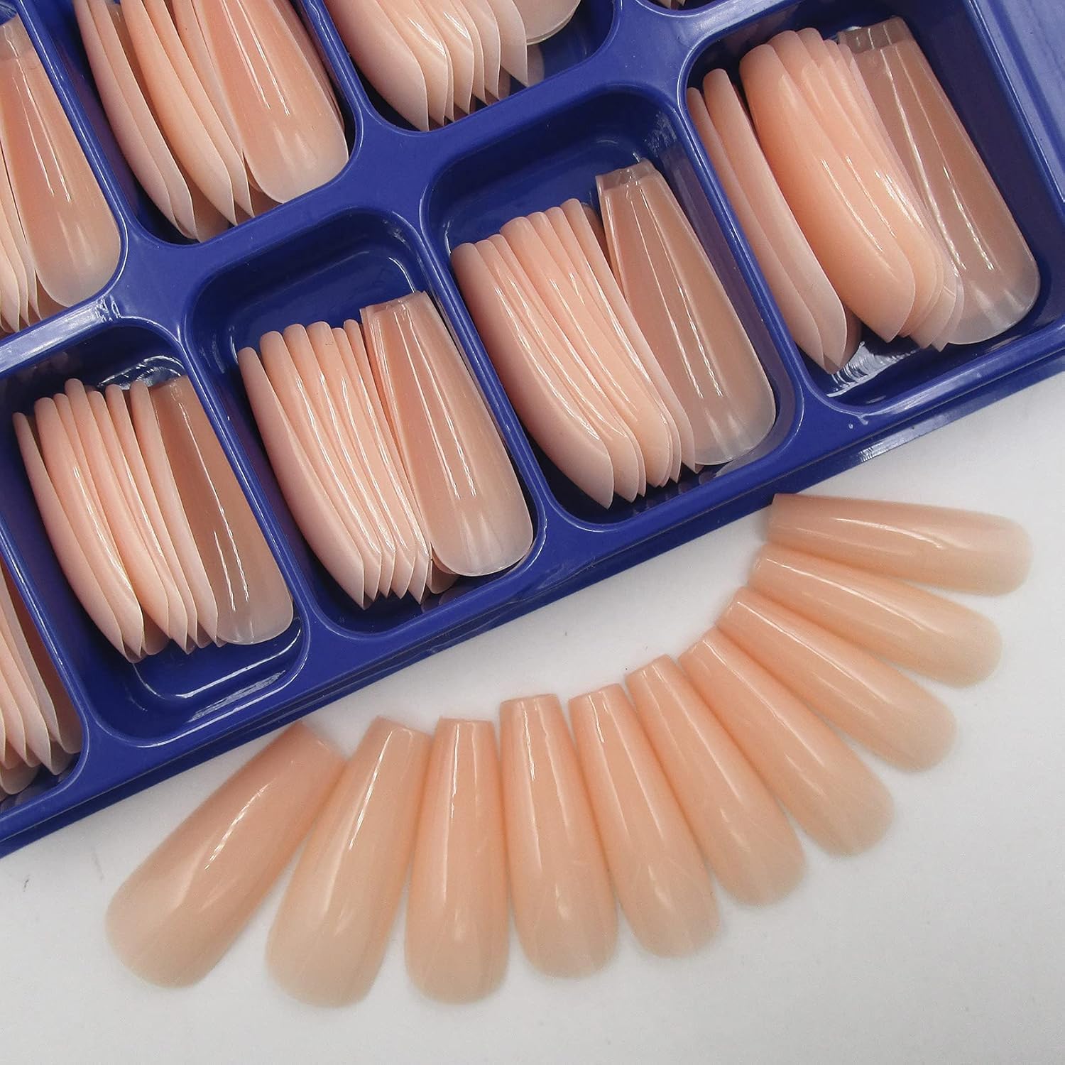 LoveOurHome 100pc Coffin Press on Nails Long Ballerina False Nails Artificial Glossy Acrylic Tips Full Cover for Women Kids (Beige)