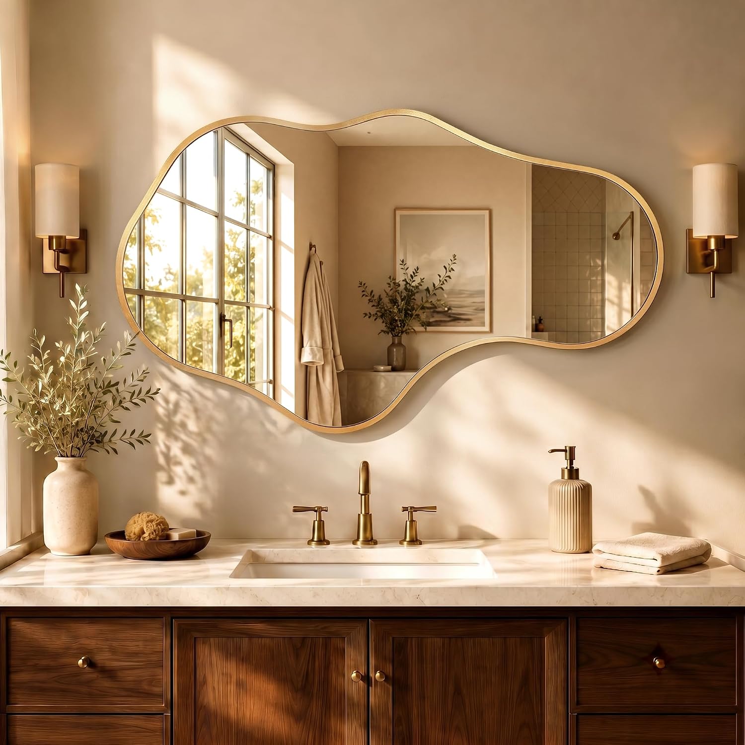 Bathroom Mirror For Over Sink-Gold Room Decor Wall Mirror 22"X 36" | Irregular Wall Mirror - Asymmetrical Abstract Mirror Unique For Bedroom, Living Room, Cloakroom, Entryway