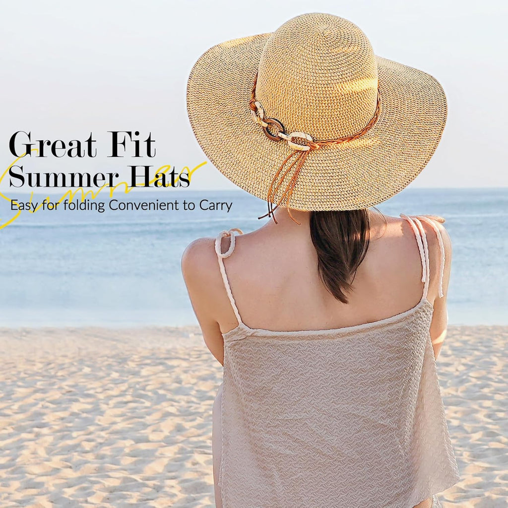 Beach Hats for Women - Sun Hat Womens, Wide Brim Straw Womens Sun Hat with Wind Lanyard Roll Up Foldable UV Protection