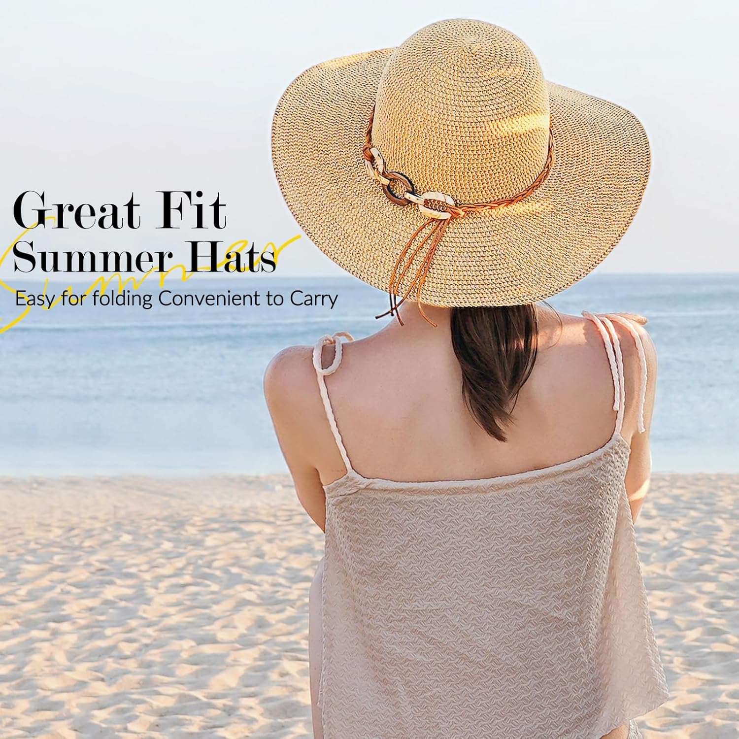 Beach Hats for Women - Sun Hat Womens, Wide Brim Straw Womens Sun Hat with Wind Lanyard Roll Up Foldable UV Protection