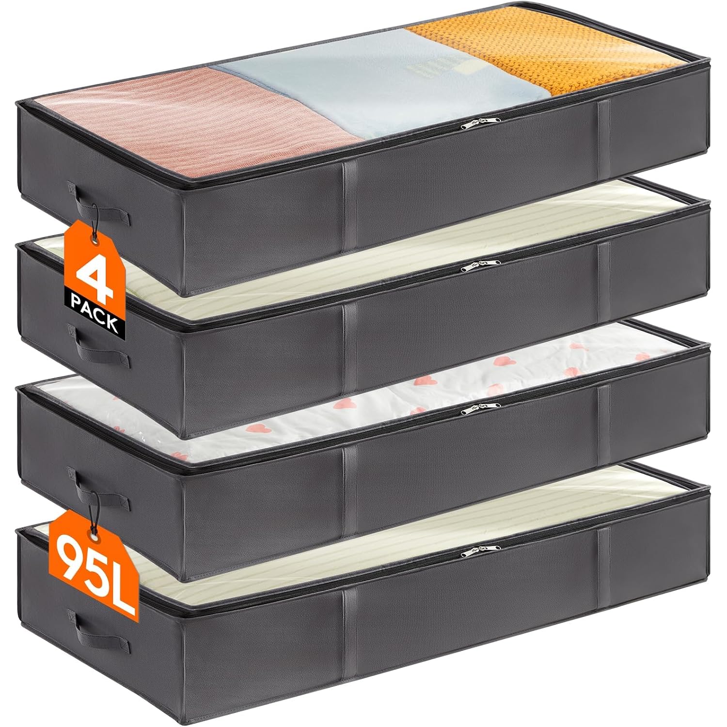 Lifewit 95L 4 Pack Under Bed Storage Containers, Large Capacity Blanket Storage Bags With Reinforced Handle, Organization And Storage For Comforters, Sheets, Clothes, Bedroom, College Dorm, Grey