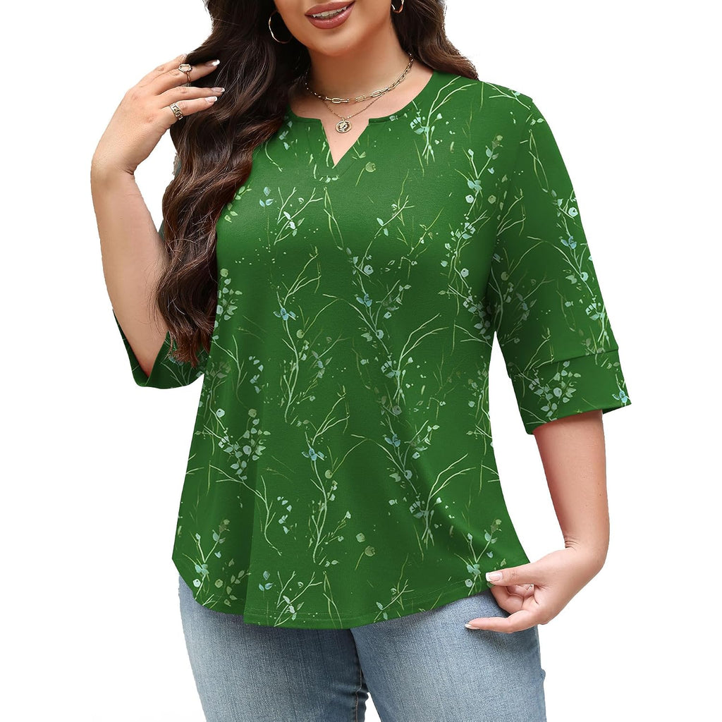 TFSDOD Plus Size Tops for Women V Neck T Shirt 3/4 Length Sleeve Blouse Dressy Casual Tee Loose Fit XL-5X
