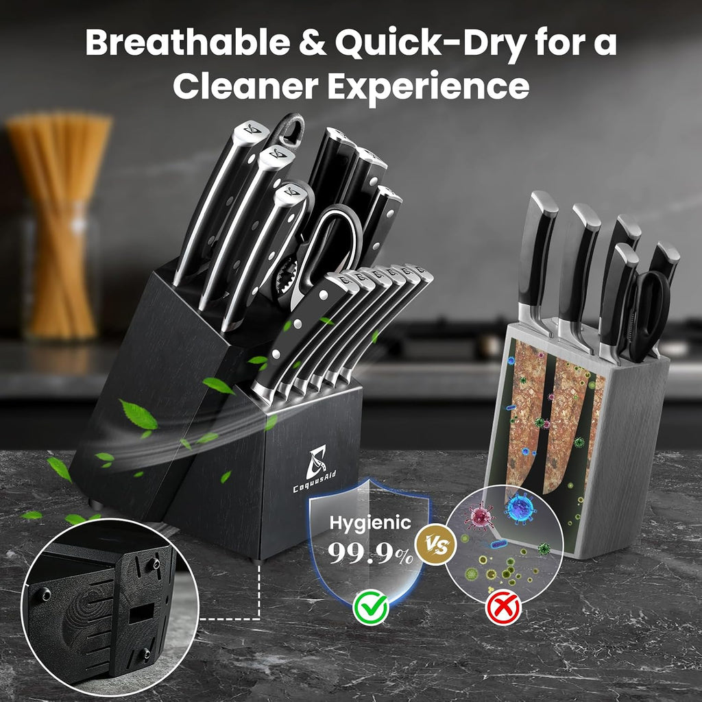 Knife Set, Upgrade 15 Pcs Knife Block Set With Widened Ventilated Slot, German Stainless Steel Kitchen Knives Set With Sharpener, Professional Chef Knives Set, Full Tang Ergonomic Handle