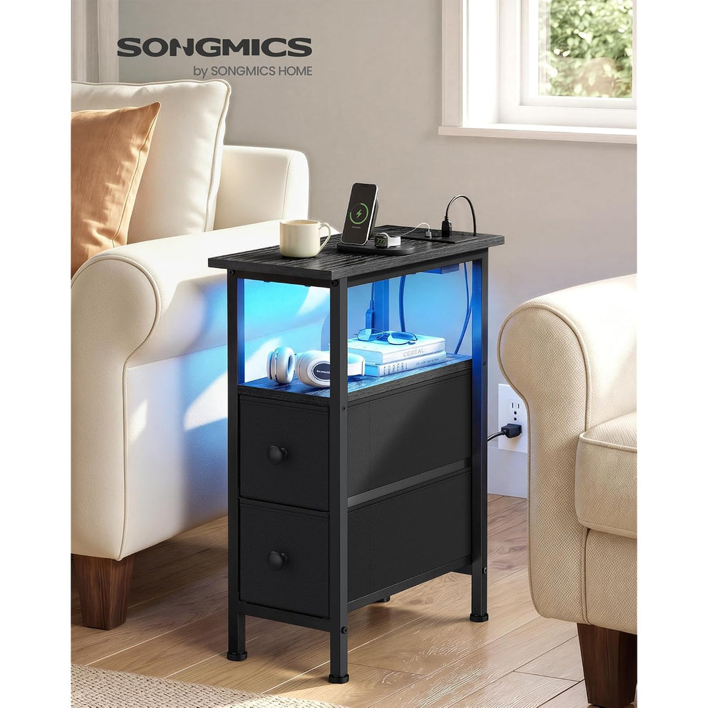 Songmics Side Table With Led Light, Narrow End Table With 2 Drawers, Nightstand With Charging Station, Bedside Tables For Small Space, Living Room, Bedroom, Ink Black, Bellah Collection Ulgs002B101