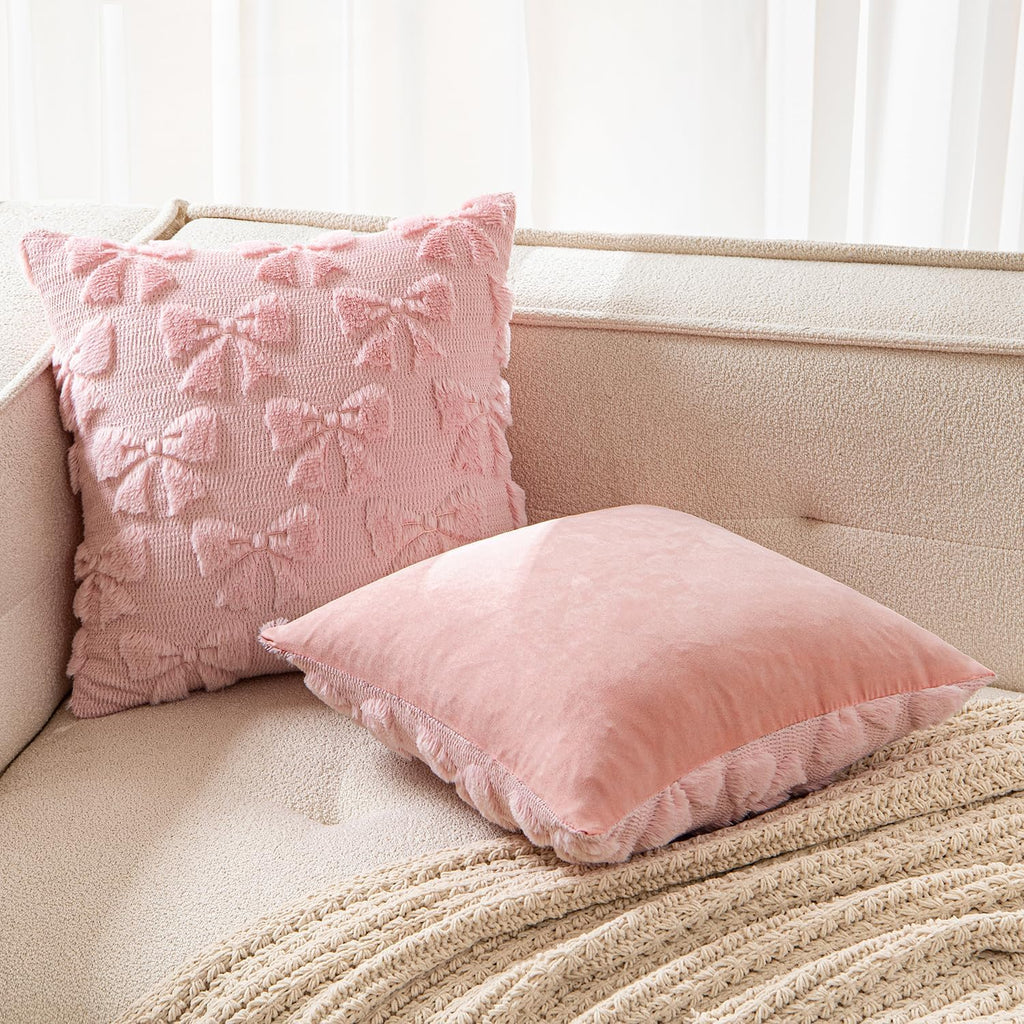 Miulee Pink Bow Pillow Covers Coquette Room Decor Aesthetic Set Of 2 Spring Decorative Cute Girl Soft Plush Faux Pillowcase For Preppy Room Decor Bedroom Couch,18X18 Inch